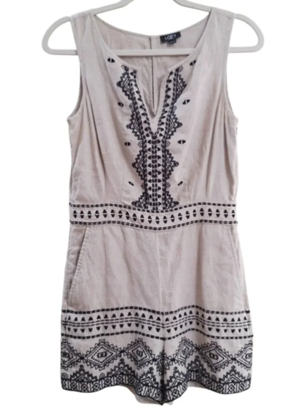 LOFT Boho Beige Black Embroidered Linen Romper Short 2P - Picture 2 of 9